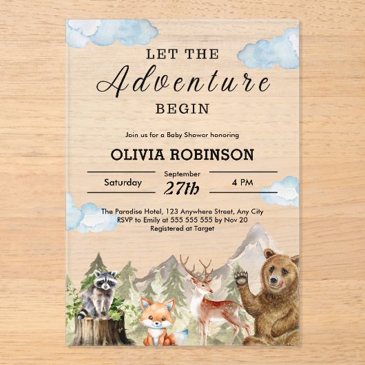 Laat het avontuur beginnen Mountain Boy Baby showe Acryl Uitnodigingen (Voorkant)
