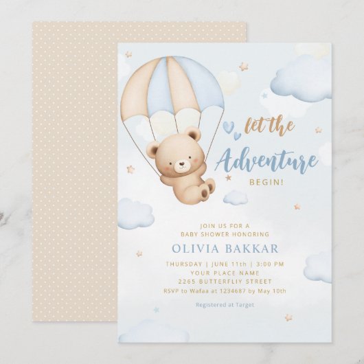 Laat het avontuur beginnen Teddy Beer Baby Shower  Kaart (Voorkant / Achterkant)