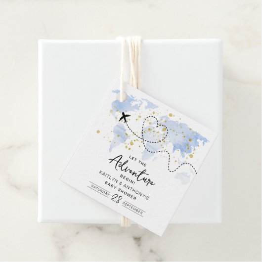 "Laat het avontuur beginnen!" Travel Map Baby show Bedankjes Labels (In situ)