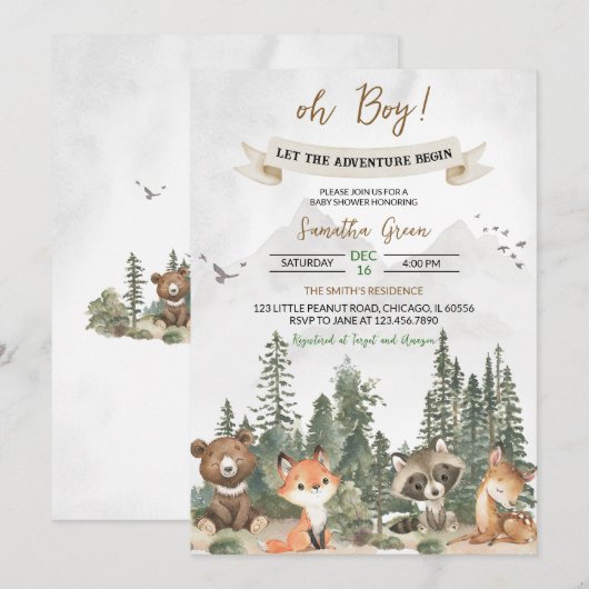 Laat het avontuur beginnen Woodland Baby shower Kaart (Voorkant / Achterkant)
