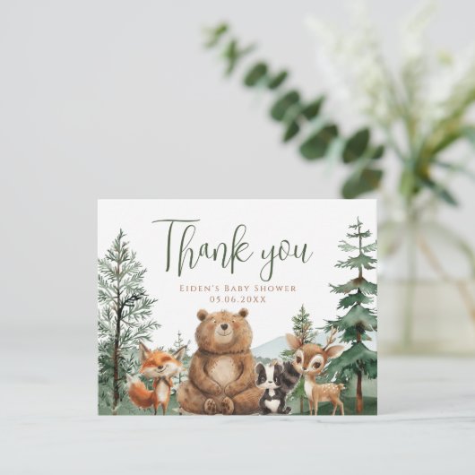 Laat het avontuur beginnen Woodland Boy Baby showe Bedankkaart (Staand voorkant)