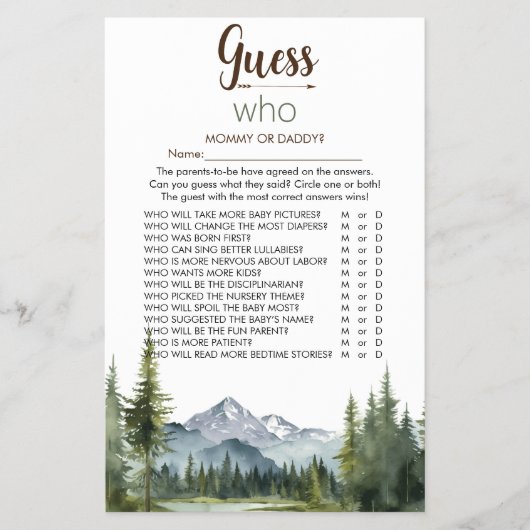 Laat het avontuur 'Guess Who' Baby shower Game Flyer (Voorkant)