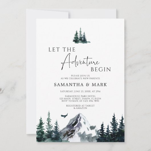 Laat het avontuur met het Baby shower van Mountain Kaart (Voorkant)