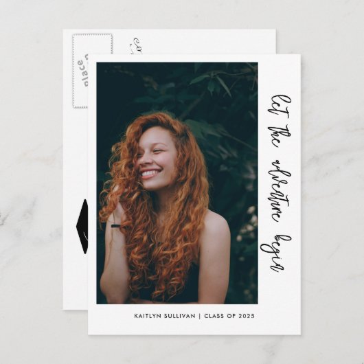 Laat het avontuur script Casual beginnen | Afstude Aankondigingskaart (Voorkant / Achterkant)