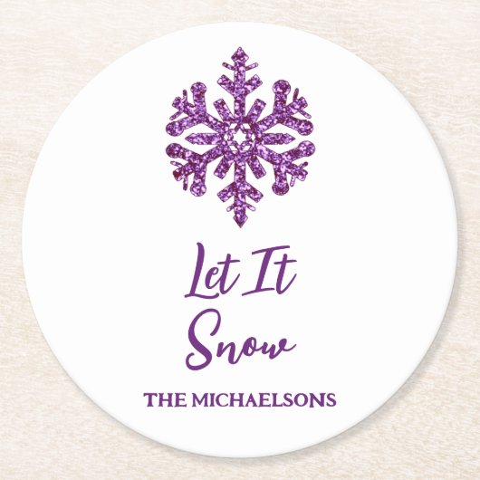 Laat het Paarse sneeuwvlok sneeuwen Ronde Kartonnen Onderzetter (Voorkant)