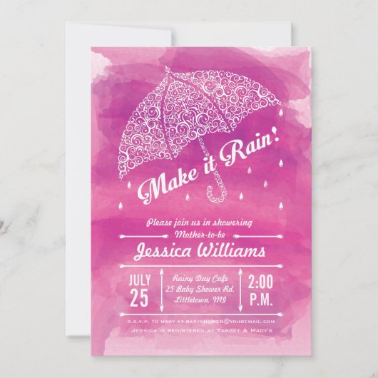 Laat het regenen waterverf uitnodiging roze douche (Voorkant)