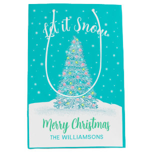 Laat het sneeuwen Blauwgroen Aqua kerstboom vakant Medium Cadeauzakje