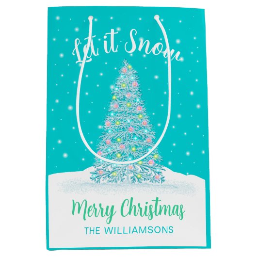 Laat het sneeuwen Blauwgroen Aqua kerstboom vakant Medium Cadeauzakje (Voorkant)