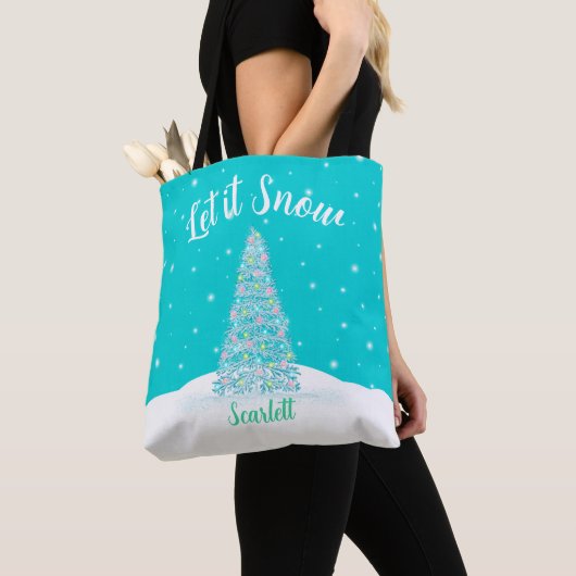 Laat het sneeuwen Blauwgroen Aqua kerstboom vakant Tote Bag (Dichtbij)