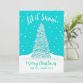 Laat het sneeuwen Blauwgroen Aqua versierde kerstb Feestdagenkaart (Staand voorkant)