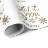 "Laat het sneeuwen" Christmas Gold Glitter NAAM Cadeaupapier (Rol Hoek)