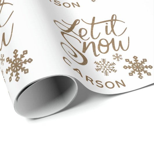 "Laat het sneeuwen" Christmas Gold Glitter NAAM Cadeaupapier (Rol Hoek)