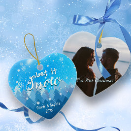Laat het sneeuwen Eerste Kerstfoto Blauw Ornament