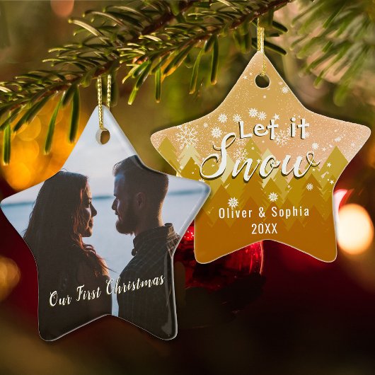 Laat het sneeuwen Eerste Kerstfoto Goud Keramisch Ornament