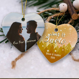 Laat het sneeuwen Eerste Kerstfoto Gouden Kleur Keramisch Ornament
