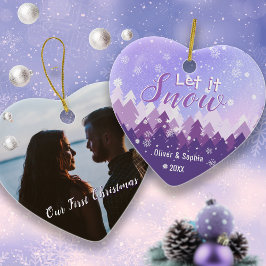 Laat het sneeuwen Eerste Kerstfoto Paarse Keramisch Ornament