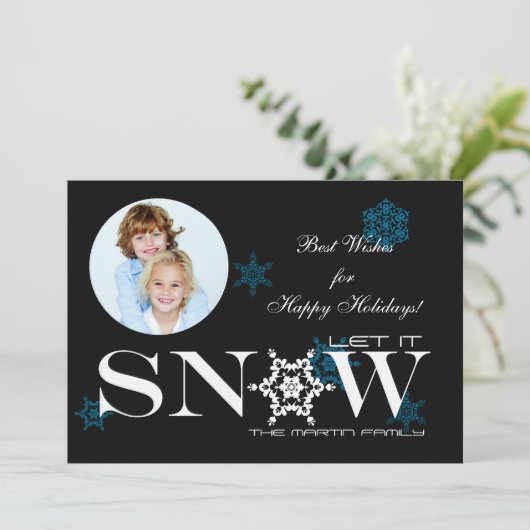 Laat het sneeuwen foto kerstkaart (Staand voorkant)