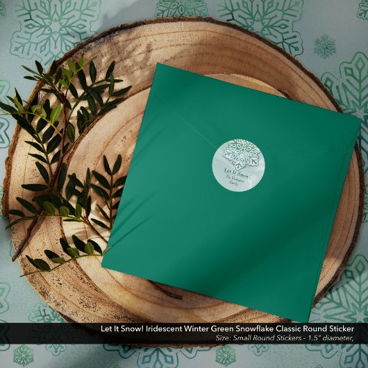 Laat het sneeuwen! iriserende wintergroene sneeuwv ronde sticker