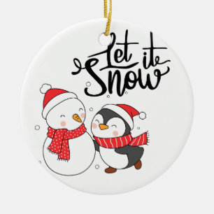 Laat het sneeuwen met een pinguïn en sneeuwpop op keramisch ornament