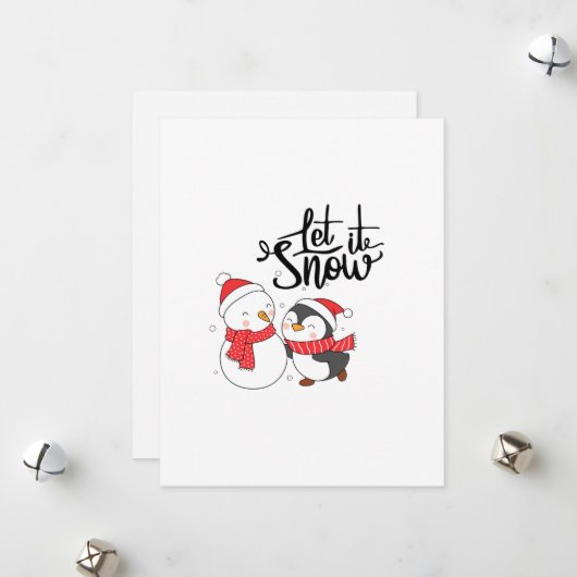 Laat het sneeuwen met een sneeuwman en pinguïn op  feestdagenkaart (Voorkant / Achterkant in situ)