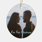 Laat het sneeuwen Onze 1e Kerstblauw Keramisch Ornament (Links)