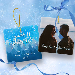 Laat het sneeuwen Onze 1e Kerstblauw Keramisch Ornament