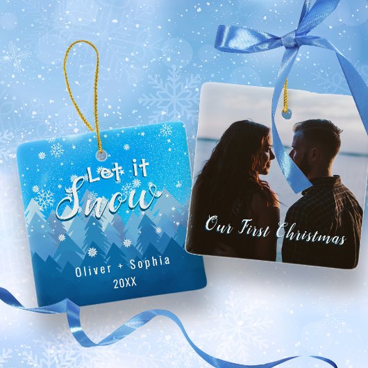 Laat het sneeuwen Onze 1e Kerstblauw Keramisch Ornament