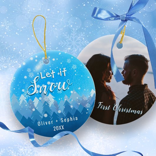 Laat het sneeuwen Onze 1e Kerstblauw Keramisch Ornament
