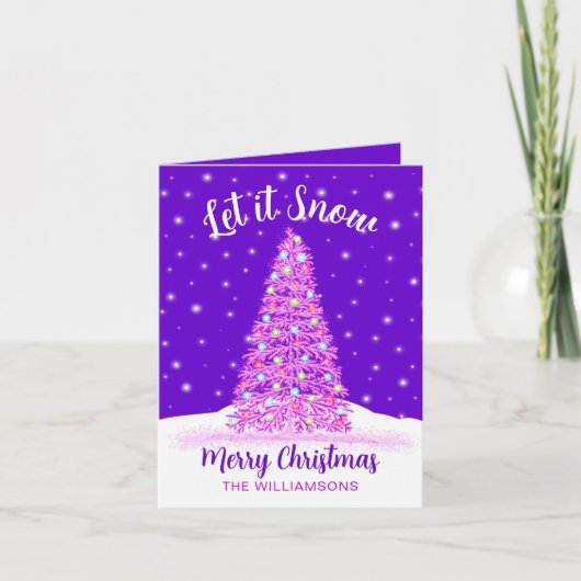 Laat het sneeuwen Paarse kerstboom Feestdagen Kaart (Voorkant)