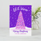 Laat het sneeuwen Paarse versierde kerstboom Feestdagenkaart (Staand voorkant)