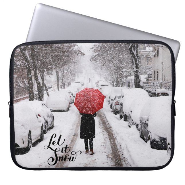Laat het sneeuwen rode paraplu | winterlandschap laptop sleeve (Voorkant)