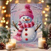 Laat het sneeuwen Schattigee roze sneeuwpop Feestdagen Kaart