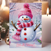 Laat het sneeuwen Schattigee roze sneeuwpop Feestdagen Kaart