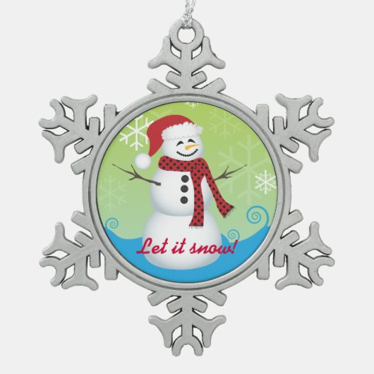 Laat het sneeuwen! Sneeuwman met kerstmuts Tin Sneeuwvlok Ornament (Voorkant)