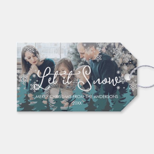 Laat het sneeuwen | Sneeuwvlokken Pine Tree Christ Cadeaulabel (Voorkant (Horizontaal))