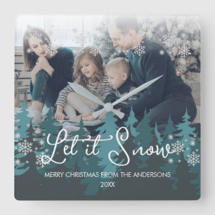 Laat het sneeuwen   Sneeuwvlokken Pine Tree Christ Vierkante Klok