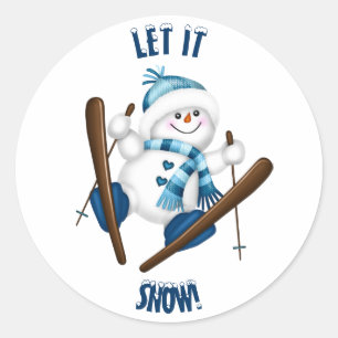 Laat het sneeuwen! Snowman Skier Ronde Sticker