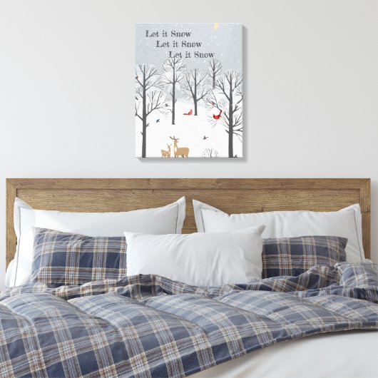 Laat het sneeuwen - Winterflurries, deer en vogelk Canvas Afdruk (Insitu (Slaapkamer))