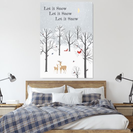Laat het sneeuwen - Winterflurries, deer en vogelk Canvas Afdruk (Insitu (Slaapkamer))