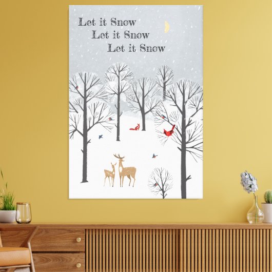 Laat het sneeuwen - Winterflurries, deer en vogelk Canvas Afdruk (Insitu (Woonkamer))