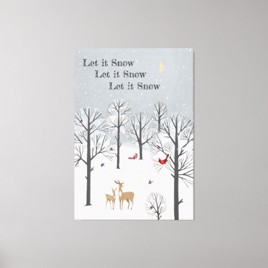 Laat het sneeuwen - Winterflurries, deer en vogelk Canvas Afdruk (Voorkant)