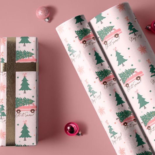 Laat het sneeuwkerstboom roze  retro busje cadeaupapier