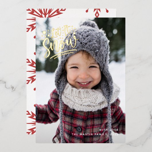 Laat het Sneeuwrood Eén Foto Kerstvakantie Folie Uitnodiging (Voorkant / Achterkant)