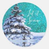 Laat het sneeuwwinterboom blauwgroen blauw wit ronde sticker (Voorkant)