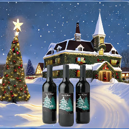 Laat het sneeuwwinterkerstbos met de Waterverf Wijn Etiket