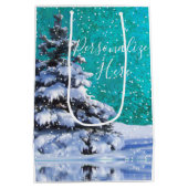 Laat het sneeuwwintersneeuw blauwgroen wit elegant medium cadeauzakje (Achterkant)