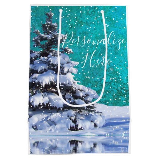 Laat het sneeuwwintersneeuw blauwgroen wit elegant medium cadeauzakje (Achterkant)