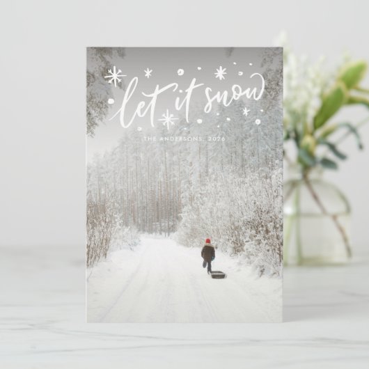 Laat het Sneeuwwitje Lettering Kerstfoto Feestdagenkaart (Staand voorkant)