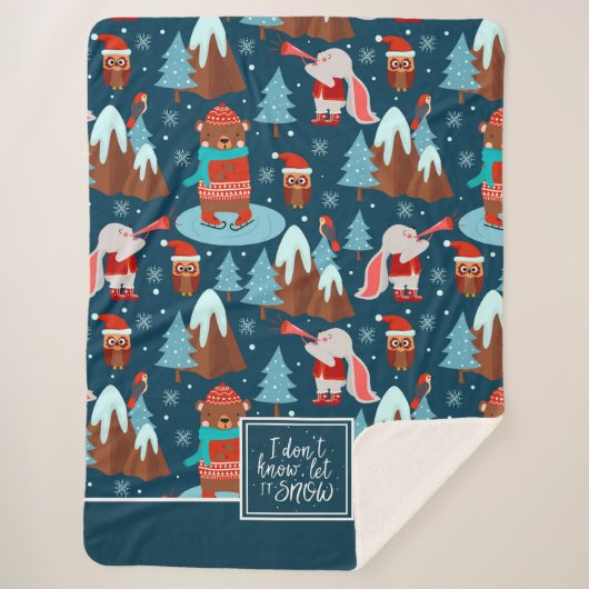 Laat het Snow Cute Animal Pattern met de naam Blue Sherpa Deken (Voorkant)