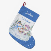 Laat het Snow Happy Snowman Family Blue Grote Kerstsok (Voorkant (Hangend))